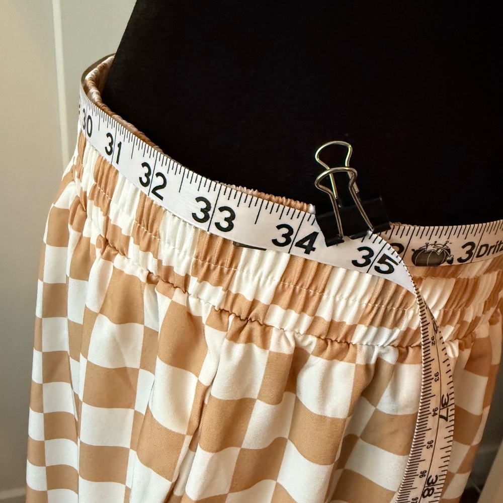 Wide Leg Checkered Pants XL Tan White Pull-On Elastic Waist Lounge Pants - Picture 5 of 7